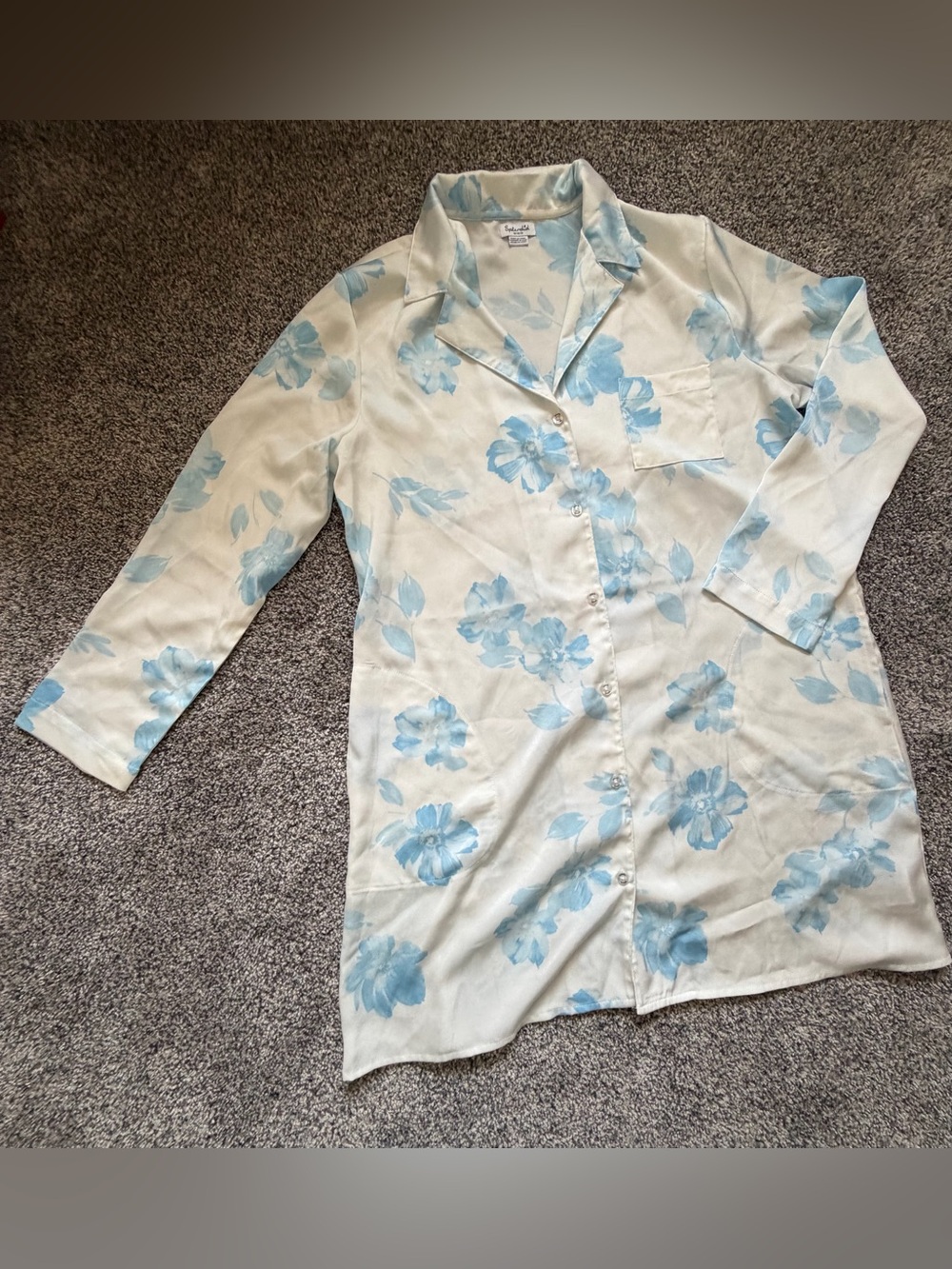 Splendid White and Light Blue Floral Satin Button-Front Nightshirt with Pockets